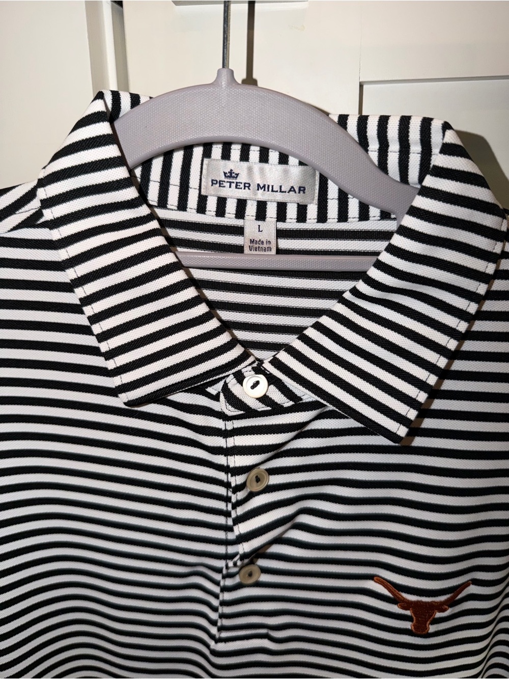 Peter Millar Performance Mesh Polo Black and White Stripe Texas Longhorn Large - Picture 2 of 5